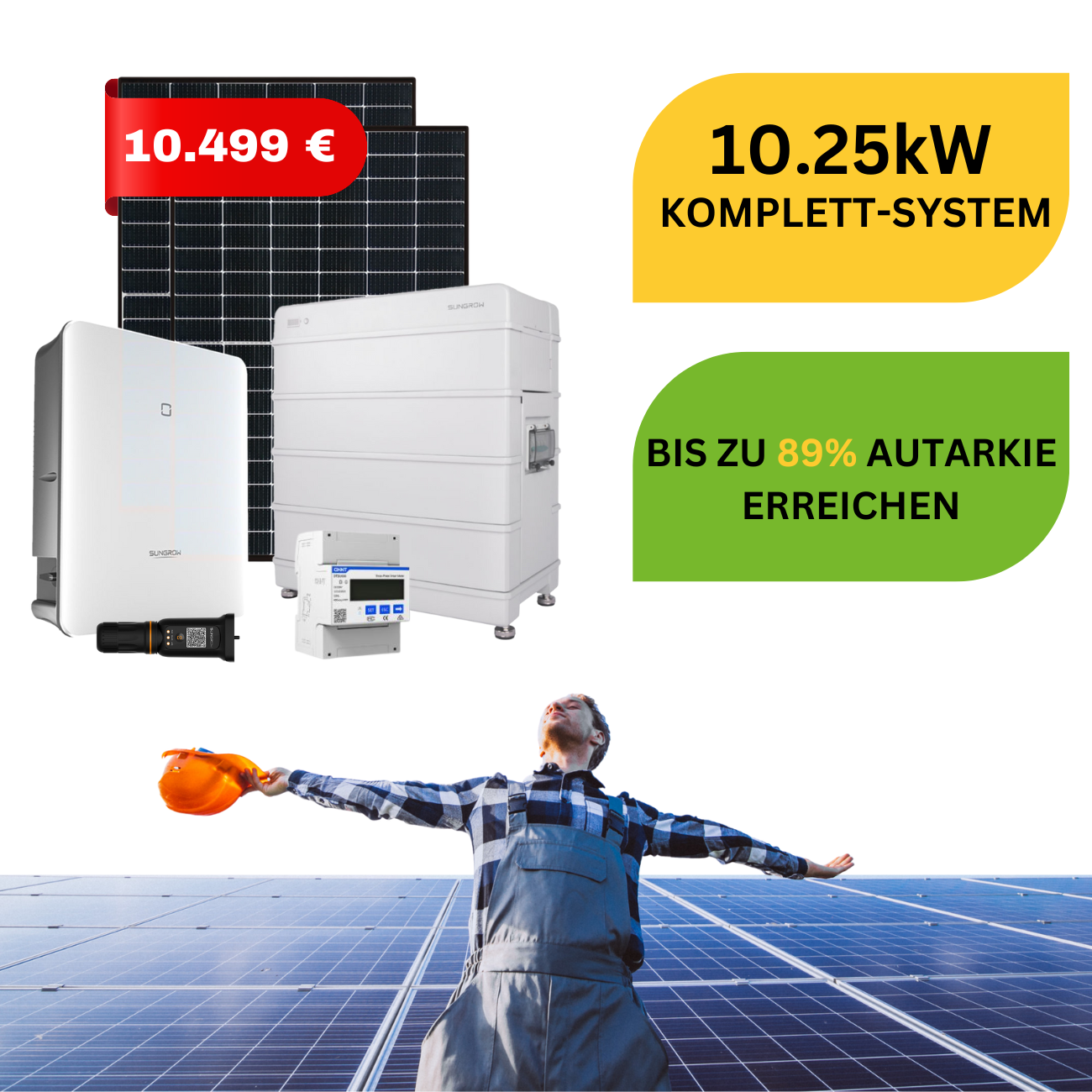 10 kW Photovoltaikanlage mit Sungrow Komponenten, 25x410W Longi Solar Solarmodule + Sungrow 10kW Wechselrichter + Speicherset Sungrow 9,6kWh für maximale Effizienz